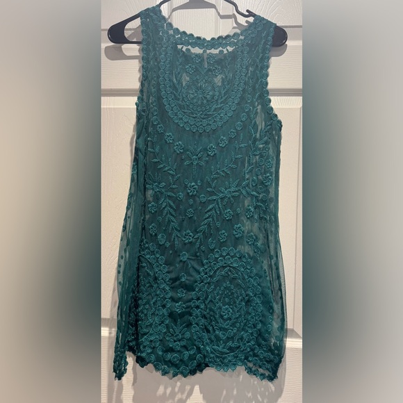 Free People Embroidered Net Shift Dress Rare Green Sheer Boho Tunic Mini Size M - Picture 3 of 8
